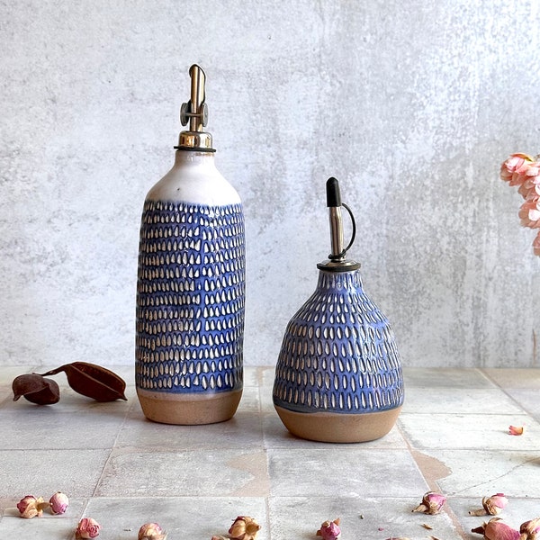 Blue carved Ceramic oil bottle, olive oil bottle, Oil cruet, wedding gift