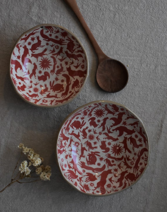 Handmade Ceramic Serving Bowl Set: Red Fox & Woodland Decor