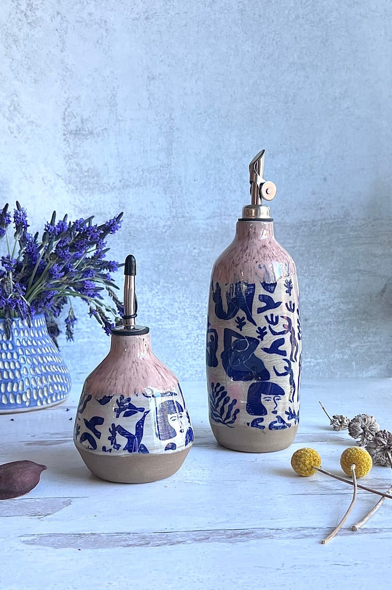 Limited addition Large Ceramic oil bottle, OOAK, olive oil bottle, Oil cruet, wedding gift, Matisse inspired dancing ladies set of L+S