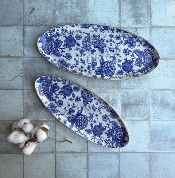 Ceramic Oval Serving Platter Set, Blue Large Stoneware Tray