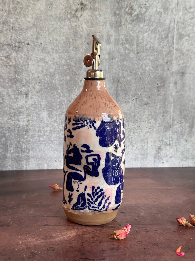 Limited addition Large Ceramic oil bottle, OOAK, olive oil bottle, Oil cruet, wedding gift, Matisse inspired dancing ladies large