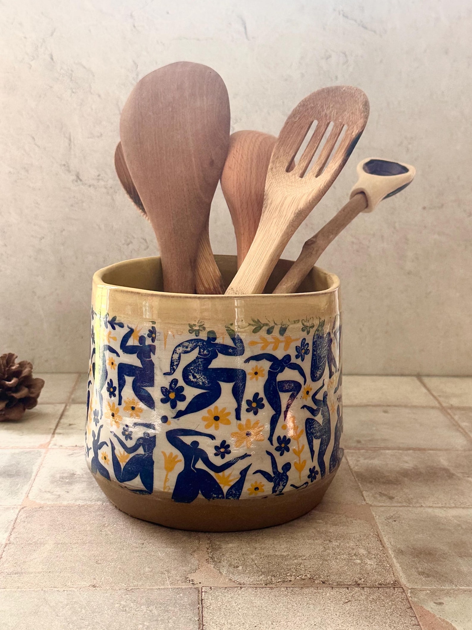 Ceramic Utensil Holder, Yellow Blue Matisse Kitchen Crock, Stoneware Utensil Caddy, Handmade Pottery