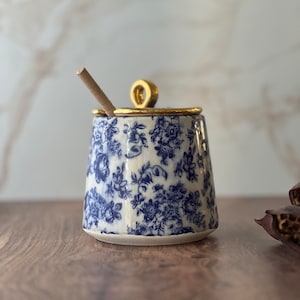 ceramic honey jar with wooden dipper , blue and gold honey pot