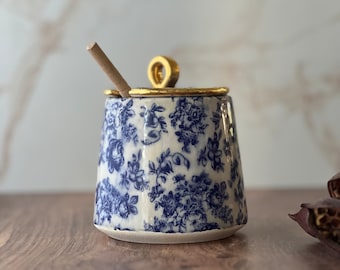 ceramic honey jar with wooden dipper , blue and gold honey pot