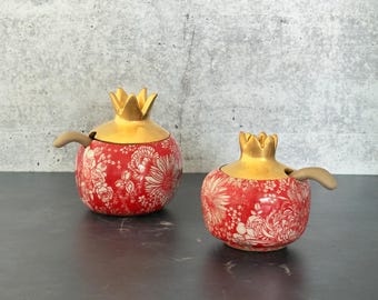 Ceramic Pomegranate Jar, Red Salt Cellar, Sugar Bowl, Honey Pot
