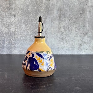 Limited addition Large Ceramic oil bottle, Matisse inspired dancing ladies yellow and blue small