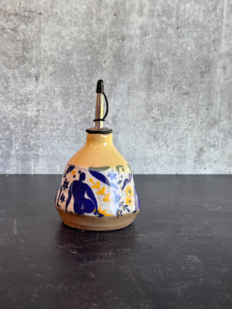 Limited addition Large Ceramic oil bottle, Matisse inspired dancing ladies yellow and blue small