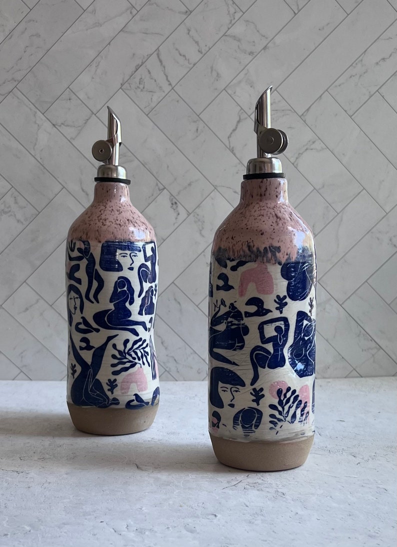 Limited addition Large Ceramic oil bottle, OOAK, olive oil bottle, Oil cruet, wedding gift, Matisse inspired dancing ladies image 9