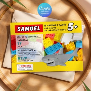 May include: A yellow invitation card with the name "SAMUEL" in red and white block letters. The card includes the text "IS HAVING A PARTY AND YOU'RE AN IMPORTANT PIECE" and a shark graphic. The invitation is for a party on July 17th.