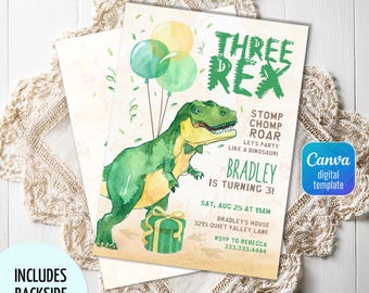 May include: A watercolor-style birthday invitation with a green dinosaur, balloons, and the text "THREE REX." The invitation includes the name "Bradley" and party details. The design is a digital template.