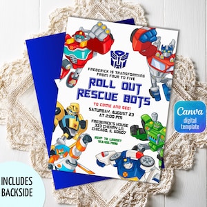 May include: A digital invitation featuring cartoon robots in red, blue, yellow, and green. The invitation includes the text "ROLL OUT RESCUE BOTS" and event details. A blue envelope is behind the invitation, with the words "INCLUDES BACKSIDE" on the left.