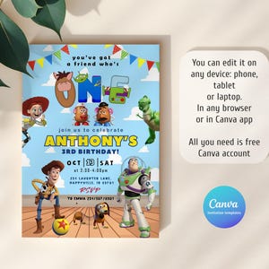 Pu&ograve; includere: Un invito di compleanno blu con personaggi di Toy Story. L'invito include il testo "you've got a friend who's ONE" e "ANTHONY'S 3RD BIRTHDAY!" con dettagli RSVP e il marchio Canva.