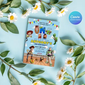 Pu&ograve; includere: Un biglietto d'invito blu a tema Toy Story, con Woody, Buzz Lightyear e altri personaggi. Il biglietto annuncia il 3&deg; compleanno di Anthony, con data e ora. Lo sfondo &egrave; azzurro con nuvole.