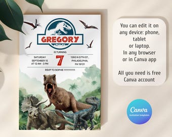Dinosaur Printable birthday invitation, dino birthday invite, park invitation, world invitation, T-Rex party invite, instant download