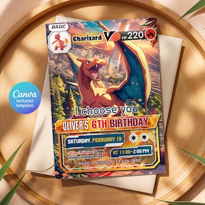 May include: A birthday invitation card featuring a Charizard illustration with the text "I choose you" and "Oliver's 6th Birthday." The card includes event details: Saturday, February 19, 11:30-2:00 PM, and an RSVP contact. The design is set on a wooden tray.