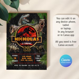 May include: A black and green dinosaur-themed birthday invitation featuring the name "Nicholas" and the number "12" in gold. The invitation includes the date, time, and location of the party, along with RSVP details. The invitation is designed using Canva.