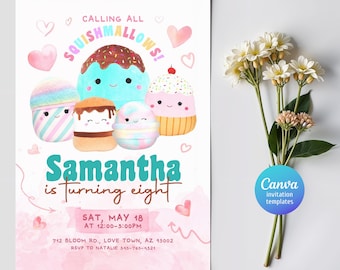 Printable birthday invitation, girl birthday invite, squish invitation, squishmallow Editable invitation, instant download, squishy party