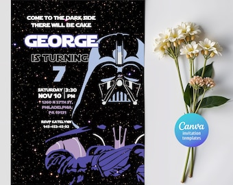 May include: A black and white invitation with a dark side theme. The invitation features Darth Vader from Star Wars and the text "Come to the dark side, there will be cake. George is turning 7. Saturday 3:30, Nov 10 PM, 1260 N 57th St, Philadelphia, PA 19131. RSVP Katelyn 145-453-45-92."