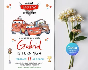 May include: A Cars-themed birthday invitation for a boy named Gabriel turning four. The invitation features a red, yellow, and blue color scheme with a cartoon image of Lightning McQueen, Mater, and Firetruck. The text reads "need four speed" and "Gabriel is turning 4". The invitation includes the date, time, and location of the party.
