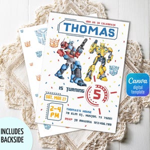 May include: A white invitation with the text "THOMAS" in blue, featuring illustrations of Transformers characters. The invitation includes details for a birthday party, with the number 5 highlighted. The backside of the invitation is also shown.