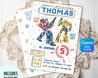 Invito di compleanno stampabile di Rescue Bots, invito di Optimus Prime, invito per la festa degli Autobots, invito di Bumblebee, invito per la festa dei Transformers