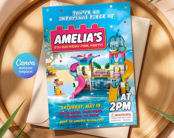Building blocks invitation, Building blocks water slide invite, printable editable invitation template, constructor invite template
