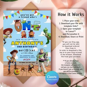 Pu&ograve; includere: Un colorato invito di compleanno con personaggi di Toy Story. L'invito include il testo "ANTHONY'S 3RD BIRTHDAY!" e i dettagli dell'evento. Il design &egrave; su uno sfondo azzurro con elementi decorativi.