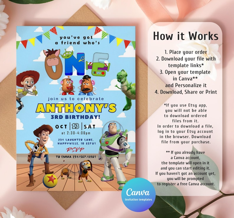 Pu&ograve; includere: Un colorato invito di compleanno con personaggi di Toy Story. L'invito include il testo "ANTHONY'S 3RD BIRTHDAY!" e i dettagli dell'evento. Il design &egrave; su uno sfondo azzurro con elementi decorativi.