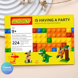 May include: A yellow invitation card with a Lego theme. The card reads "ANTHONY IS HAVING A PARTY" and includes event details. Lego-style animal figures are at the bottom. The age is 9+.