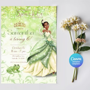 Invitación de cumpleaños de la princesa Tiana, plantilla de invitación editable para niña, invitación imprimible de la princesa rana, fiesta real, descarga instantánea