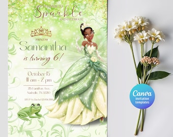 Invito di compleanno della principessa Tiana, modello di invito modificabile per ragazze, invito stampabile della principessa rana, festa reale, download immediato