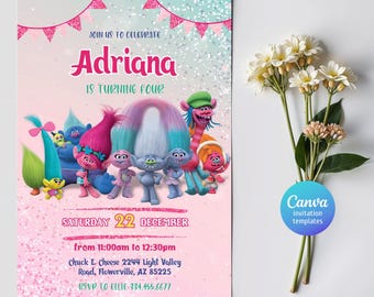 Invito troll modificabile, invito compleanno stampabile, compleanno bambina, invito elettronico, modello invito papavero, festa troll