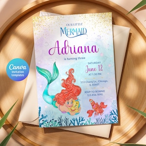 Princess Ariel Birthday invitation, Girl editable invite template, little mermaid printable invitation, under sea party, instant download