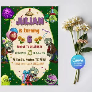 Może przedstawiać: Zielono-brązowe zaproszenie z postacią kreskówkowego zombie. Zaproszenie na 6. urodziny Juliana. Urodziny odbędą się 23 lutego w godzinach od 11:00 do 14:00 pod adresem 78 Elm St., Huston, TX 75201. Prosimy o potwierdzenie uczestnictwa do Stelly pod numerem 789.321.0987.