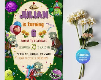 Invito di compleanno Plants vs Zombies, invito al gioco, modello di invito alla festa modificabile e stampabile, festa per giocatori, festa di Halloween