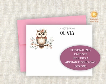 Personalized Boho Owl Stationery: Watercolor Note Cards with Envelopes