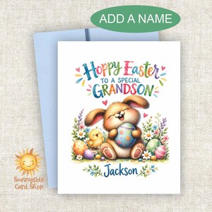 Personalized Bunny Hoppy Easter Card: Special Grandson, Whimsy Rabbit Eggs, Add a Name