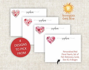 Personalized Red Floral Heart Note Card Set: Custom Stationery