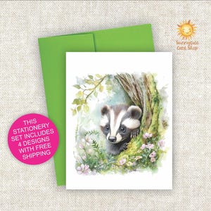 Watercolor Badger Note Cards: Woodland Animal Greeting Card Set