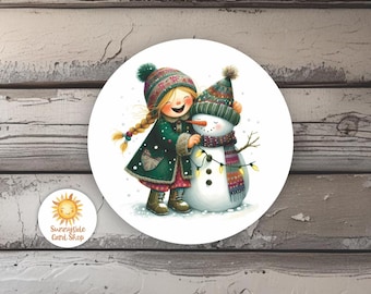 Whimsical Girl with Snowman Stickers: Christmas Holiday Round Labels, Envelope Seals