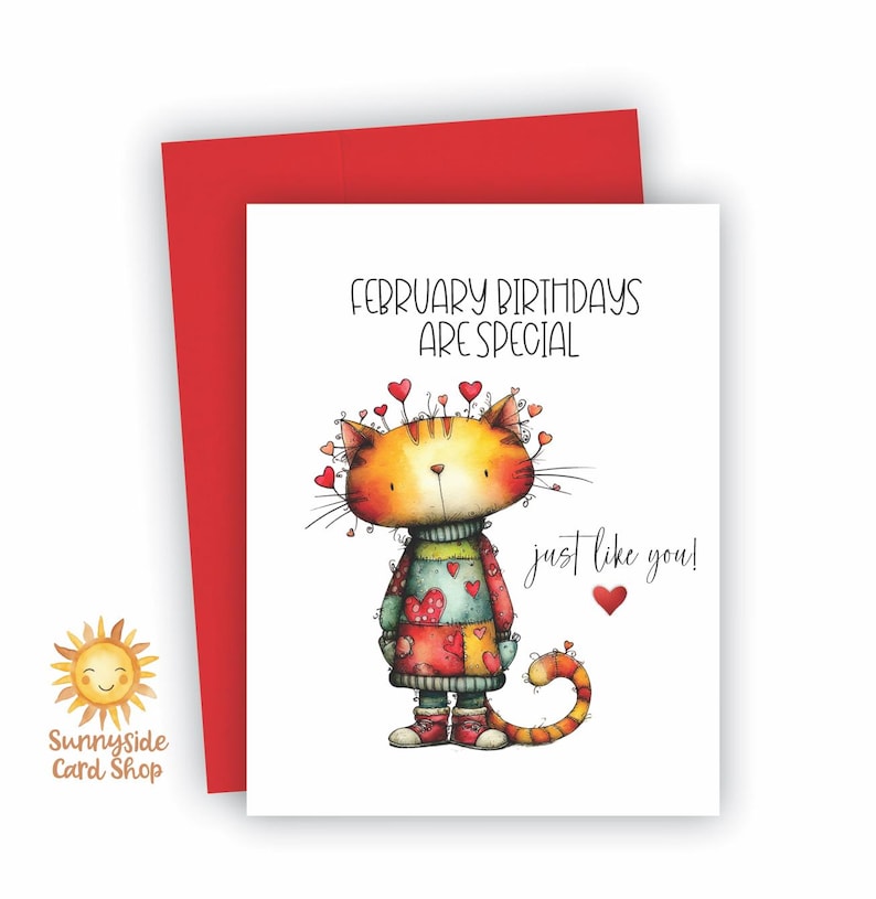 Custom Whimsy Cat Any Month Birthday Greeting Card: February July ...