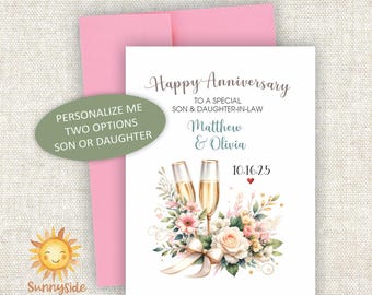 Personalized Anniversary Card: Champagne Glasses with Flowers and Roses, Custom Name & Date