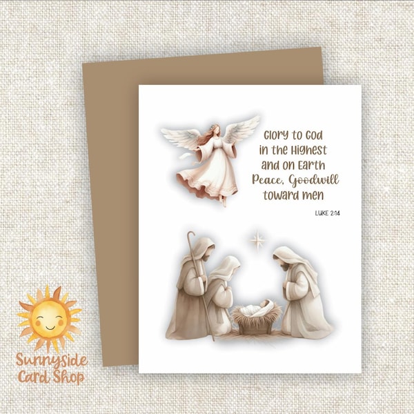 Nativity Christmas Cards: Glory to God, Angel & Shepherd - Color Envelopes