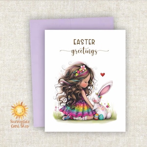 Rainbow Easter Rabbit Greetings Card: Girl Loving Bunny, Whimsical