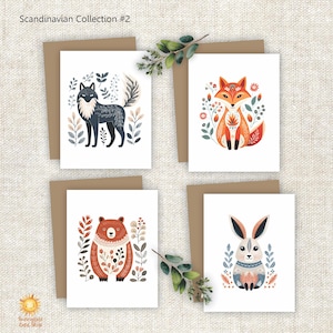 Folk Art Animal Cards: Scandinavian Wolf, Fox, Bear, Bunny