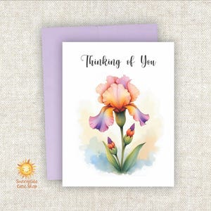 May include: A greeting card with the text "Thinking of You" and a watercolor illustration of a purple and orange iris flower with green leaves and buds.