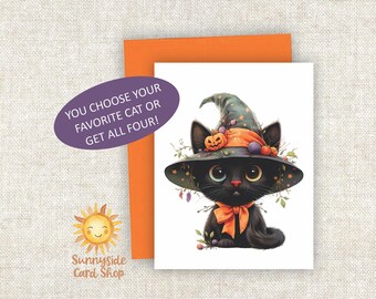 Halloween Black Cat Card Set: Witch Hats, Floral Pumpkins (8 Folded Cards with Envelopes)
