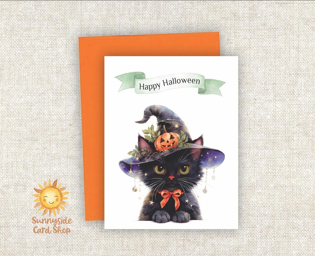 Black Cat Halloween Card Set: Witch Hat, Pumpkin, Blank Inside - Etsy