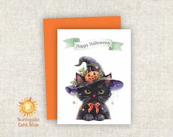 Black Cat Halloween Card Set: Witch Hat, Pumpkin, Blank Inside