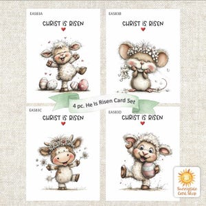 May include: Set of four Easter greeting cards. Each card features a different watercolor illustration of a cute animal: a lamb, a mouse, a cow, and a sheep. The text "Christ is Risen" appears above each image, with a small red heart. The cards are labeled "4 pc. He Is Risen Card Set".